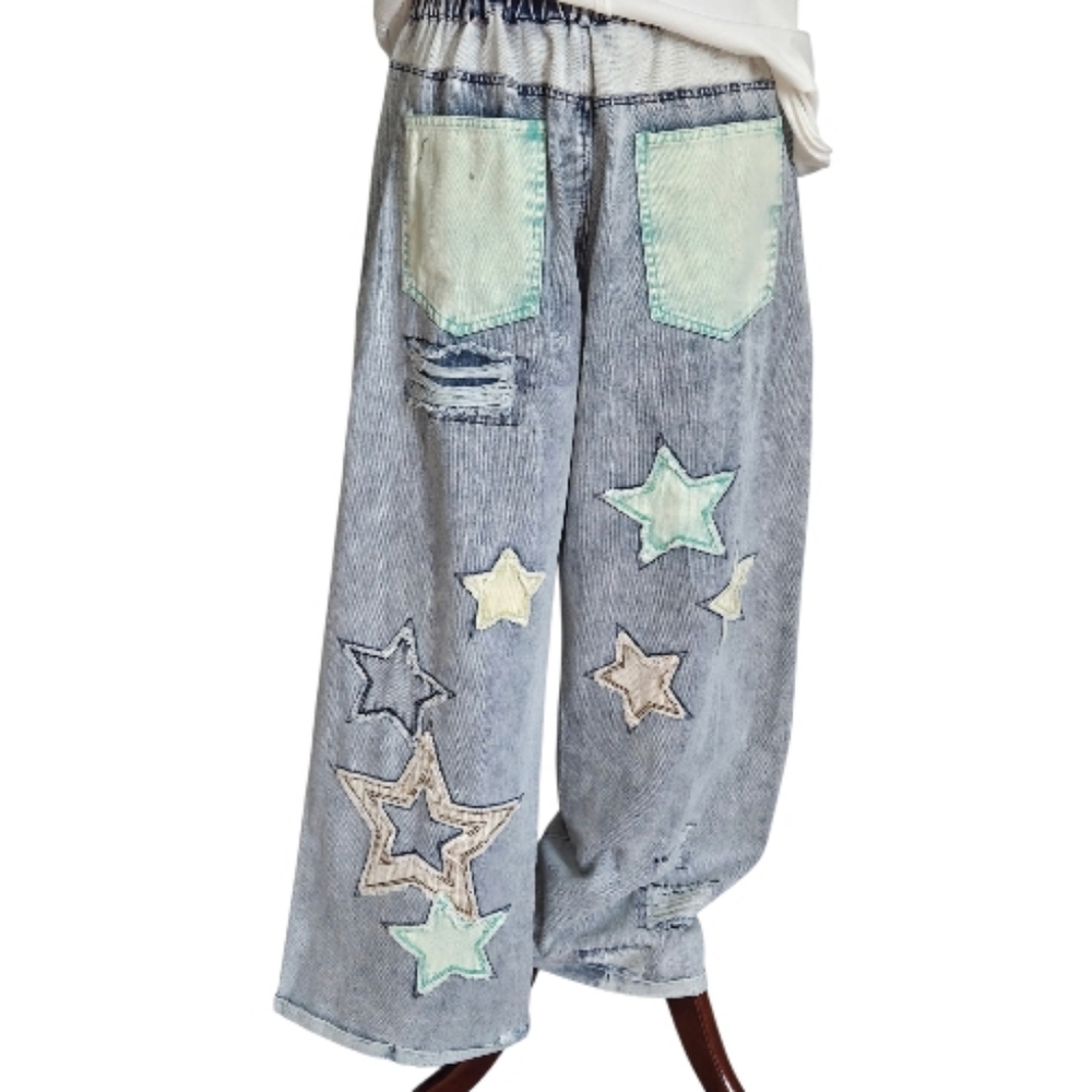 Women’s Straight Leg Jeans with Star & Peace Patchwork - Gray - Picture 4 of 13